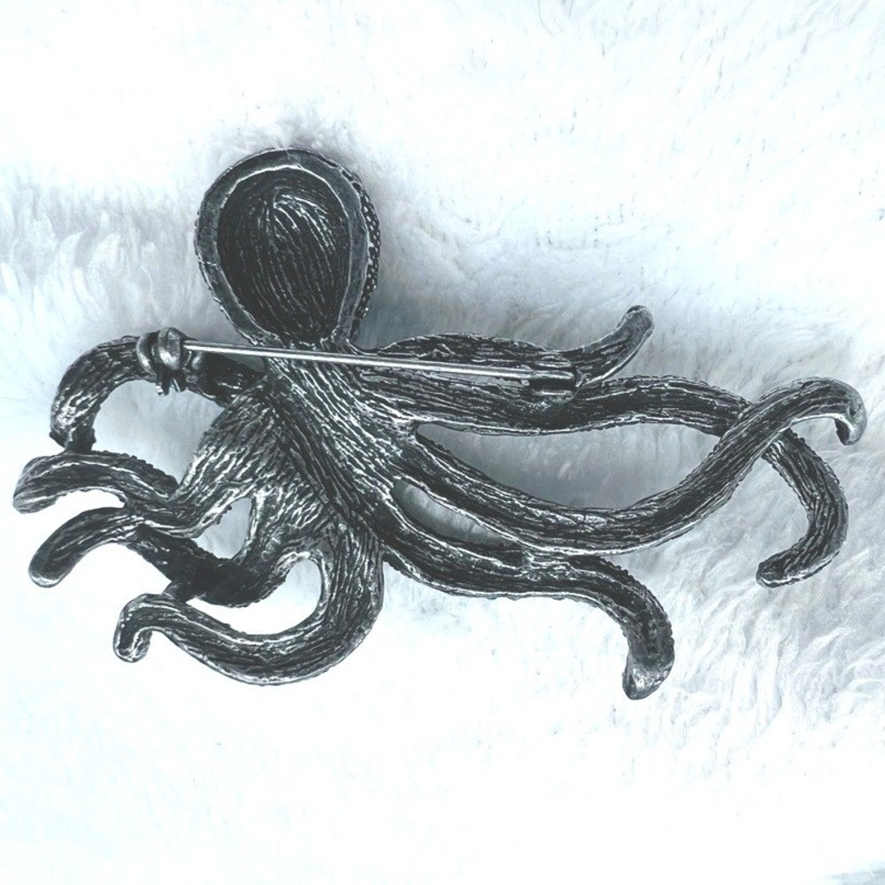 Blue Clear Rhinestone Octopus Brooch Japanned Nautical‎ Sea Life Whimsical 3X2" - Picture 4 of 6
